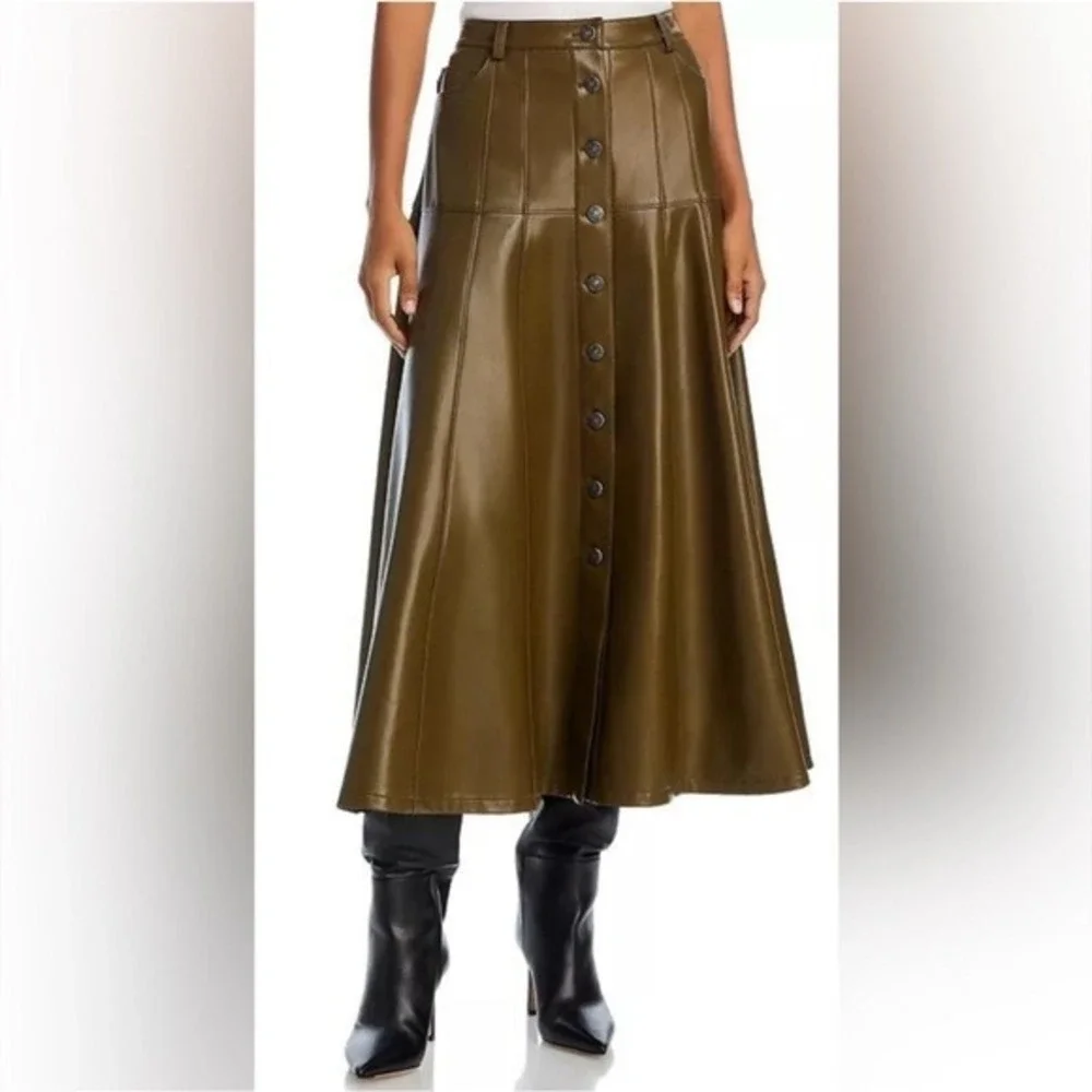 Cinq À Sept Veena Skirt a-line Midi Button Olive  Green Vegan Leather  6 Worn 1x